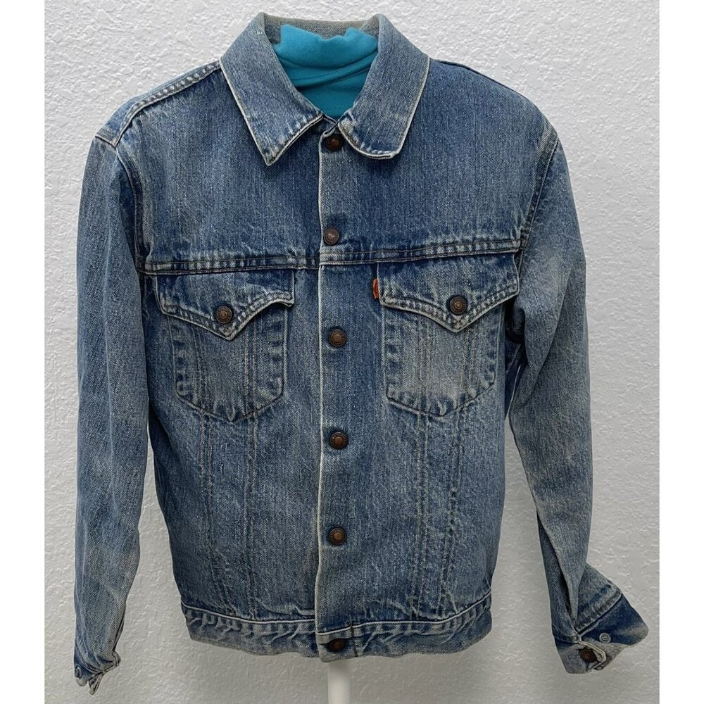 VTG 1970s LEVI'S Boys SIZE 18 Medium Wash Trucker JEAN JACKET Snap-Up Orange Tab